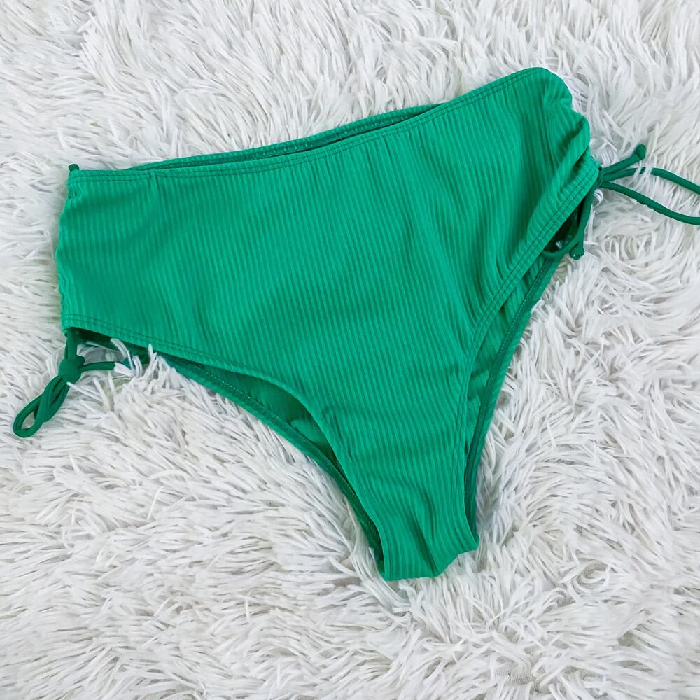 SHEIN • Green Ribbed High Waisted Side Ruched Bikini Bottoms